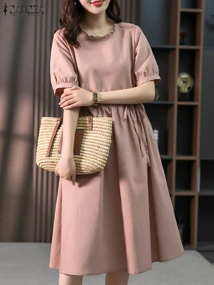 

Fashion Ruffled Stitching Midi Robe ZANZEA Women Solid Sweety Dress Korean Casual Short Sleeve Sundress Vintage Belted Vestidos