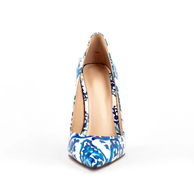 2023 New Blue and White Ceramic Same Color Pointed Thin Heel Lacquer Leather Elegant Sexy Women's Super High Heel Banquet Shoes