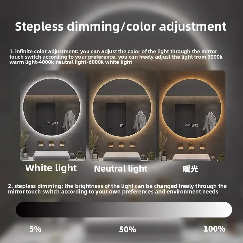 14577-f2f4e0.jpg Mirror Round Mirror Wall-mounted Smart Bathroom Mirror LED Touch Screen High Definition Anti-fog Luminous Wall-mounted - Image 1