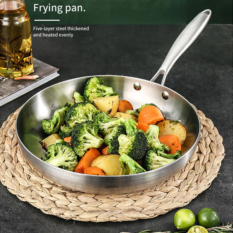 

304 Stainless Steel Frying Pan, NonStick Pan Fried Steak Pot Uncoated Kitchen Cookware For Gas Stove and Induction Cooker