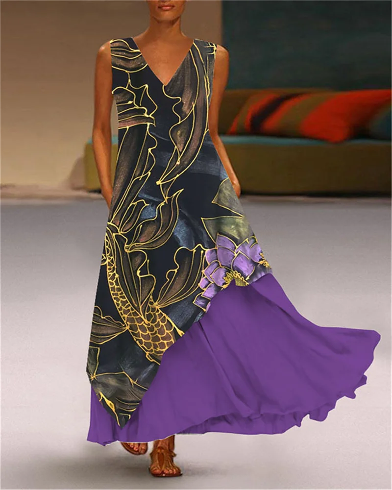 

V-neck sleeveless fake two dresses long skirt
