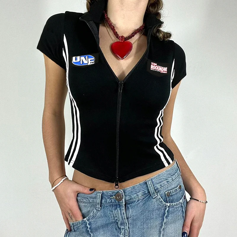 

Clinkly Streetwear Zipper Striped Slim Tops Moto & Biker Club Women T-Shirt Casual Basic Short Sleeve Cropped Tee Shirts Korean