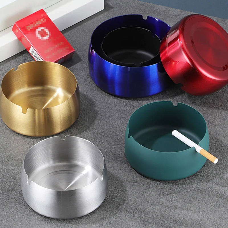 Round Stainless Steel Cigarette Ashtray Portable Tabletop Silver Metal Ash Tray for Smoker