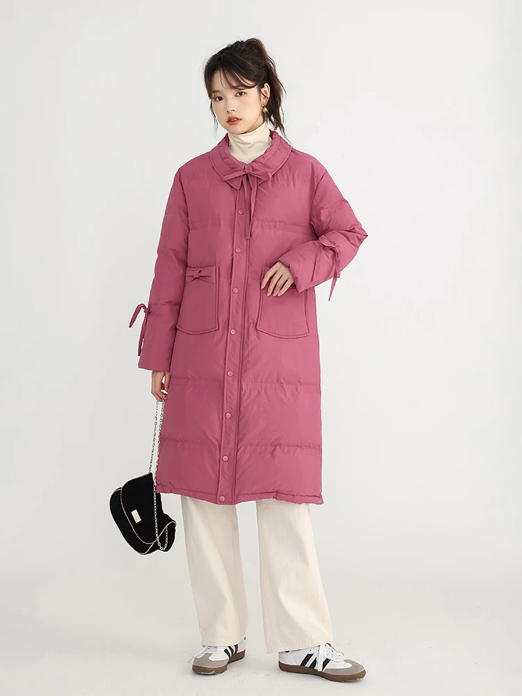 Rose Red White Duck down Jacket Women's Winter Mid-Length Thickened Coat