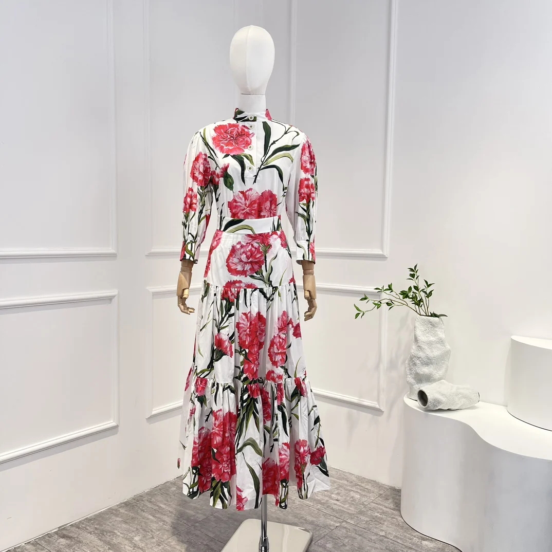 

New High Quality Tulip Collection Blouse and Skirt Printing Long Sleeve Women Two pieces Set Spring Summer
