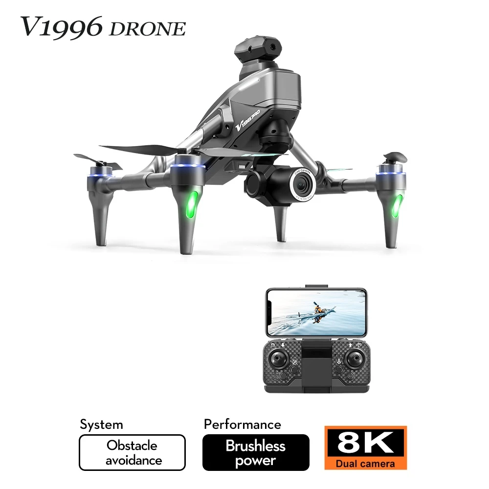 Drone de course 8K avec caméra HD en action, quadricoptère pliable pour pilotage FPV volant au-dessus d'un paysage urbain.