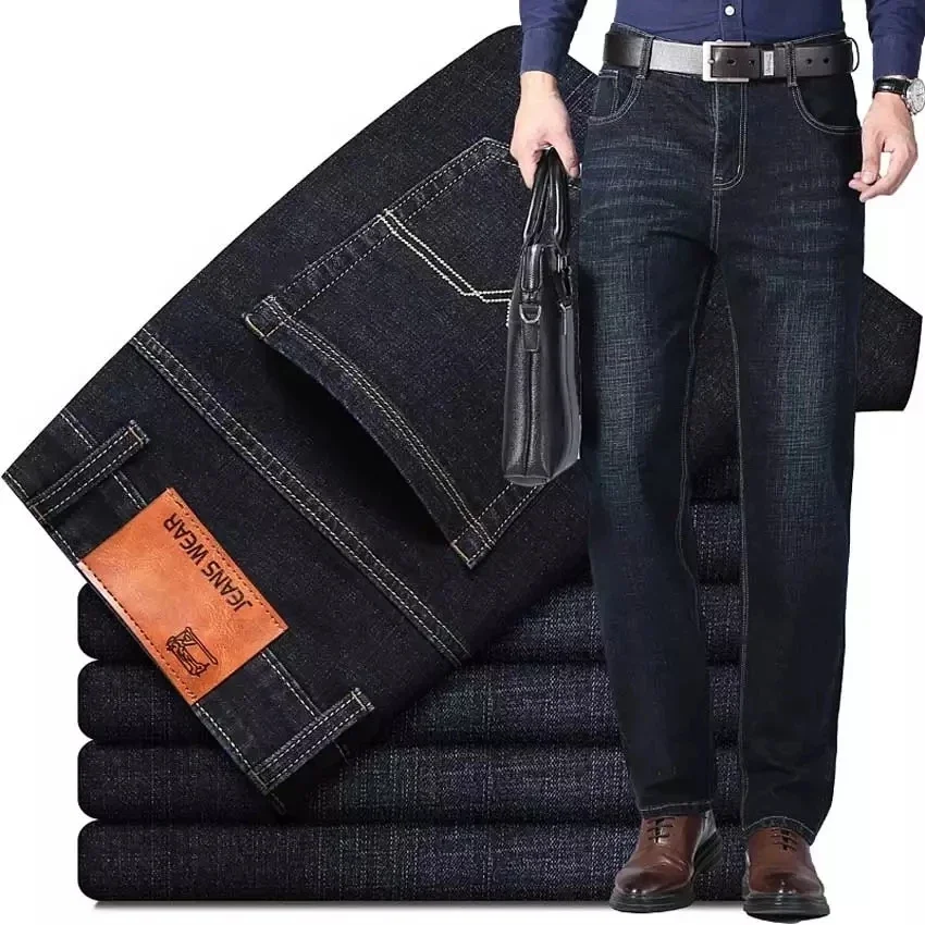 2024 New Men Business Style Slim fit Straight Jeans Fashion Classic Black Blue male Stretch Casual denim trousers Plus Size28-40