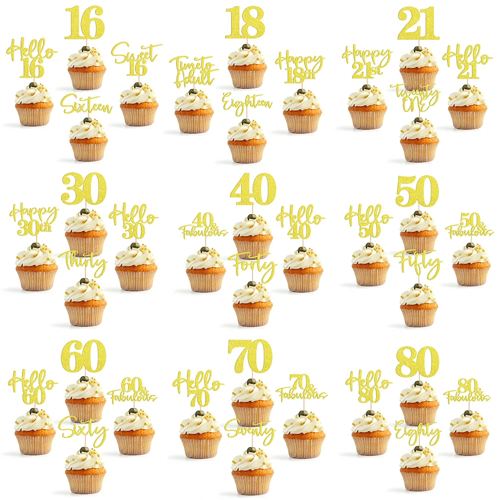 24pcs/set Golden Numbers Cake Decoration,18/21/30/40/50/60/70/80 Birthday Party Cake Topper Decoration Supplies