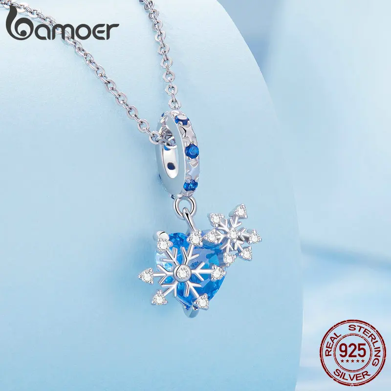 Bamoer 925 Sterling Silver Snowflake Hanging Bead Blue Heart