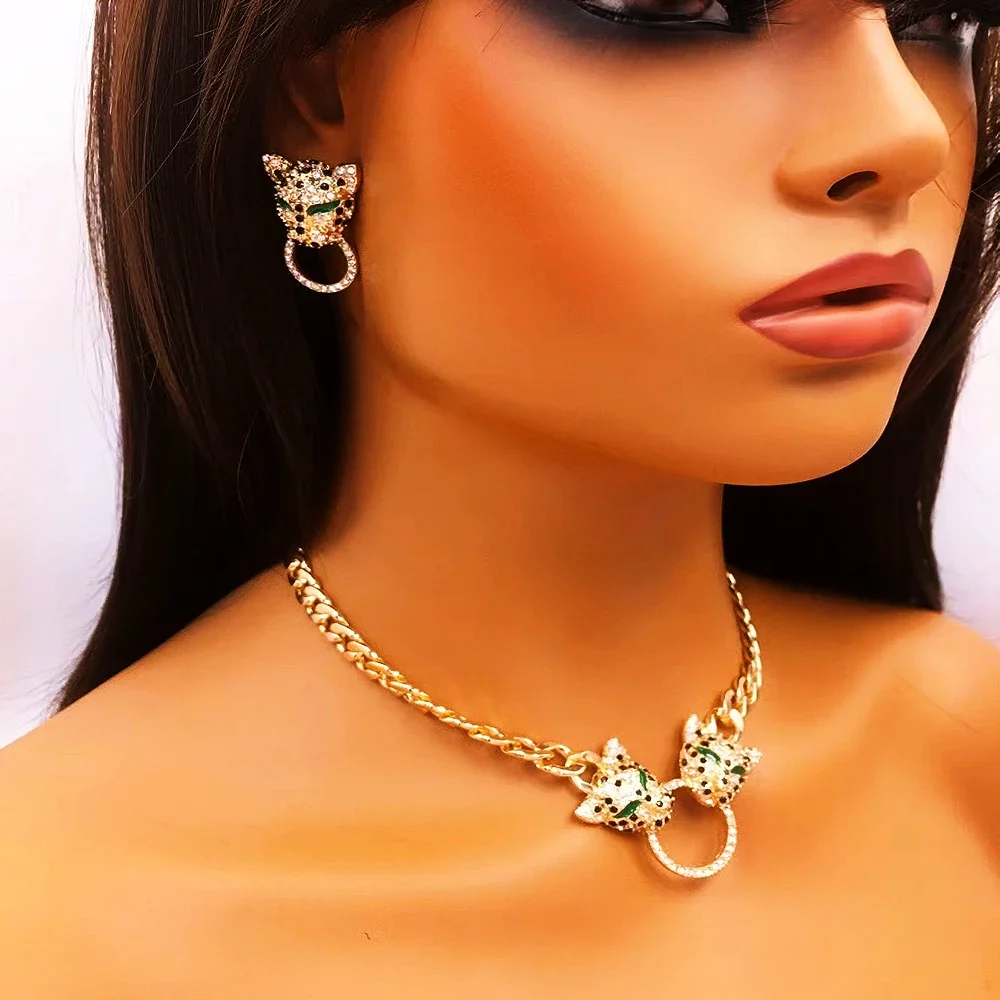 موضة جديدة حجر الراين ليوبارد القرط قلادة طقم مجوهرات للنساء حفلة الشرير خمر المعادن الحيوانات قلادة سلاسل قلادة