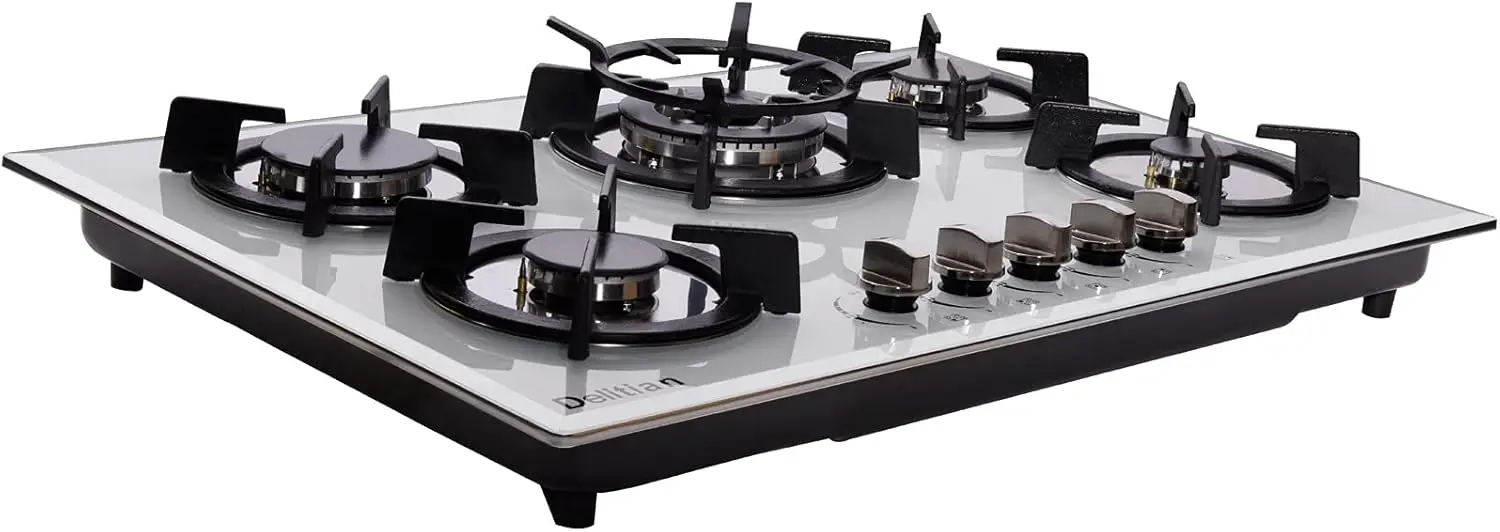 Gas Cooktop Tempered Glass Stovetop 5 Gas Burners LPG/NG Convertible Stove Thermocouple Protection 30 Inch