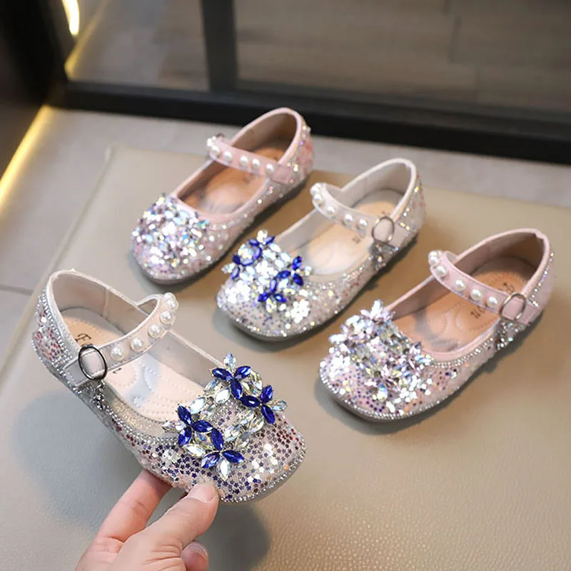 

Luxury Crystal Square Buckle Ballet Flats For Kids 2024 Spring New Floral Rhinestone Mary Jane Shoes Girls Bling Party Zapatos