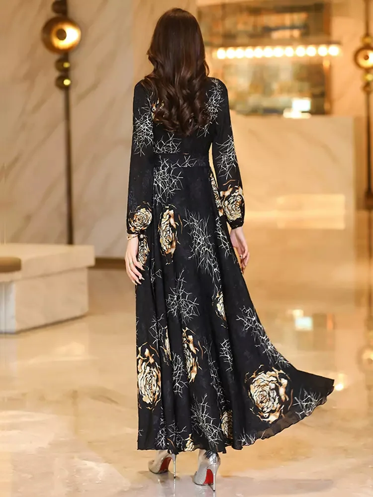 New Women Spring Summer Print Long Dress Fashion V-Neck Long Sleeve Slim  Dress Elegant Flowing Holiday Overlength Dress - AliExpress 200000345