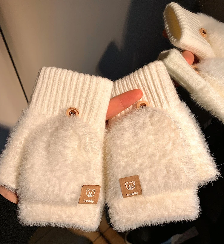 Winter frauen Fuzzy Handschuhe Flip-Top Student Schreiben Fingerlose Fäustlinge Warme Dicke Nette Bär Tippen Büro Plüsch Dame handschuhe – Detail 8