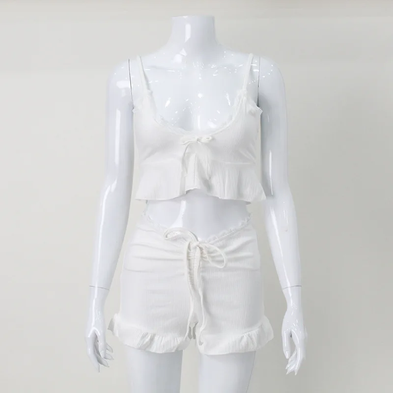 Women's Clothing Summer 2 Pieces Outfits Solid Color Lace Trim Bowknot Loungewear Set Casual Sling Crop Vest+Ruffle Hem Shorts