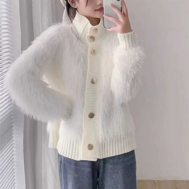 

2023 Autumn Winter Fashion Mink Cashmere Knit Cardigan Women Long Sleeve Single-breasted Mohair Thick Warm Sweater Coat