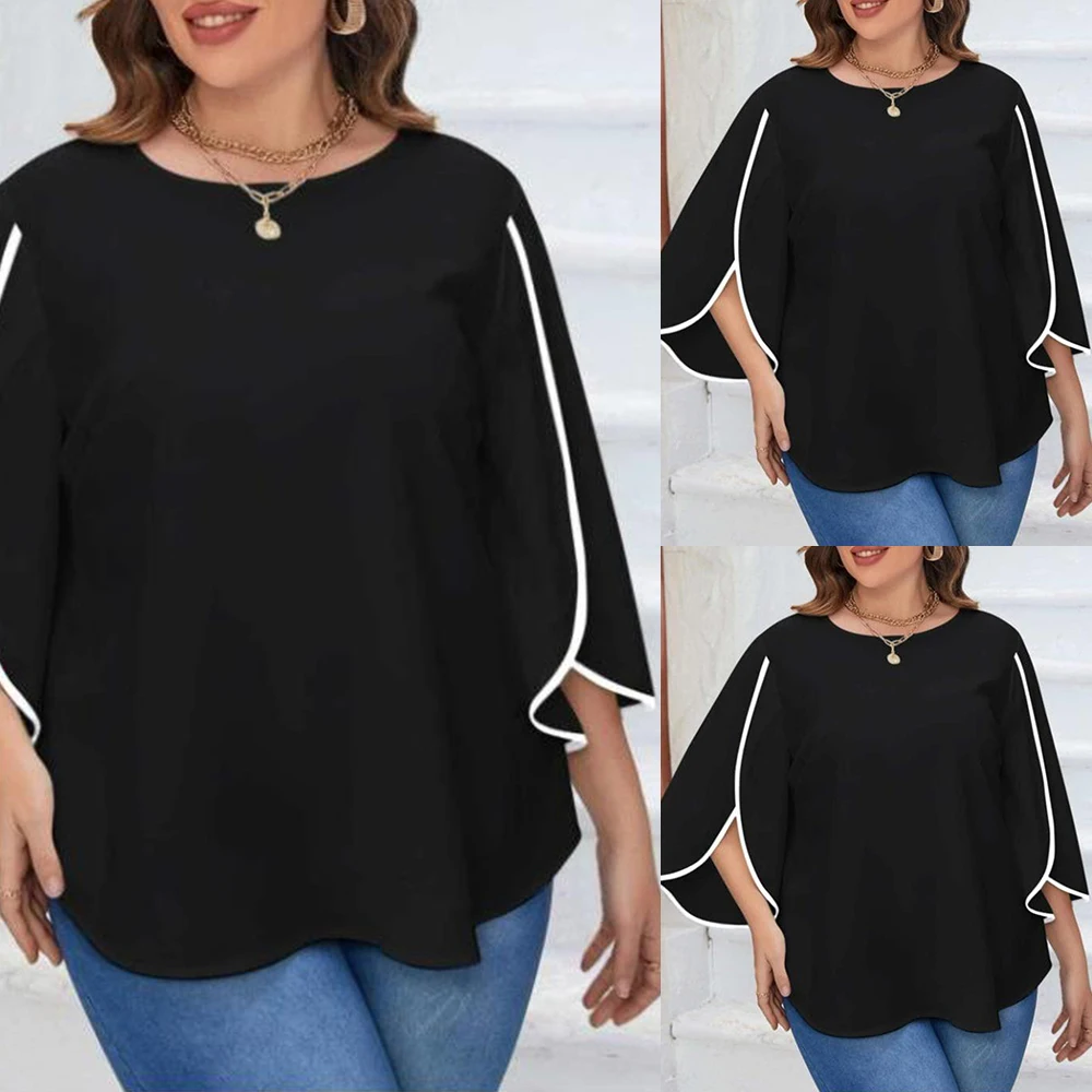 Description Picture 3 of itemCasual Solid Color Pullover Tops Summer Loose Shirt Petal Sleeve T-shirt Tee Round Neck Top Women's Plus Size Clothing XL-5XL