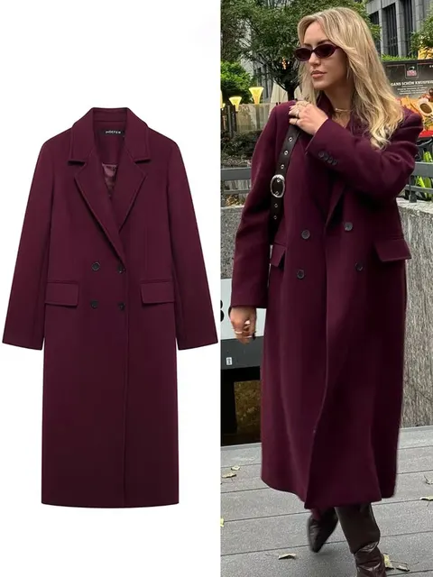 HH-abrigo de lana burdeos a la moda para mujer, chaqueta de mezcla de solapa de manga larga con doble botonadura, prendas de vestir exteriores de calle para Otoño e Invierno