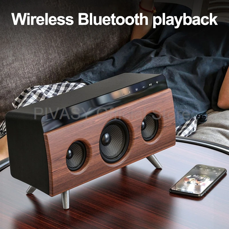 Portable Bluetooth Audio Speaker Stereo Surround Sound Bookshelf Sound Box Wooden Small Household Desktop 3 Horns Subwoofer