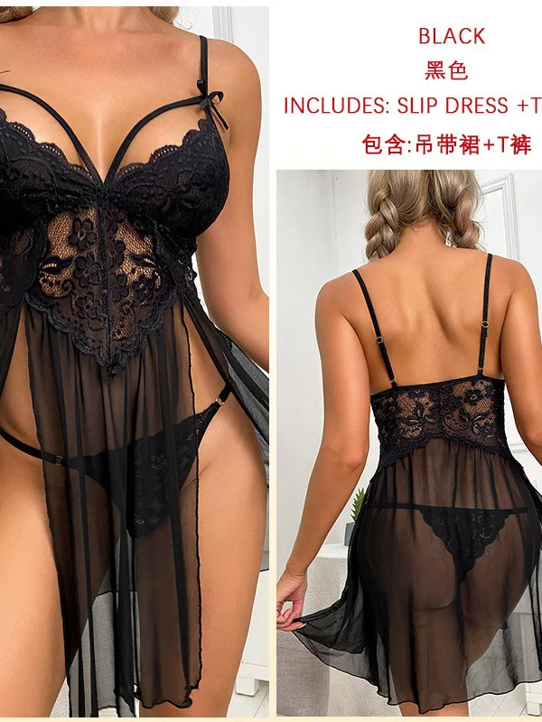 Sexy Nightdress Pure Desire Mesh Perspective Mini Tank V Neck Dress Hollowed Out Open Back Side Dress Elegant Sweet Tops Q7OY 6
