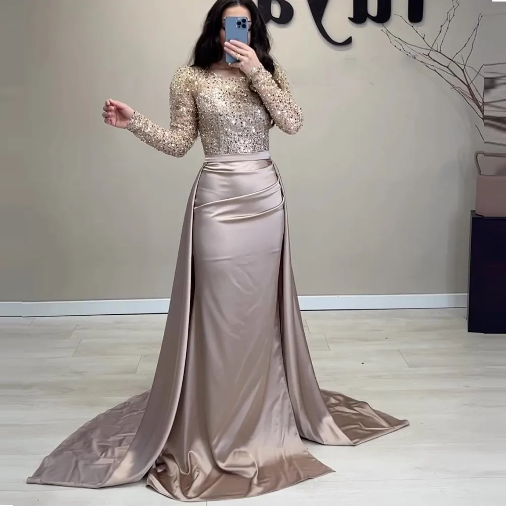 

Sparkly Long Sleeves Sequined Mermaid Prom Dresses For Women With Detachable Satin Train Saudi Arabic Evening Party Gowns 2024