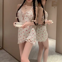 Women's Sexy Sleep Dress Deep V-Neck Cherry Print Lace Adjustable Straps Side Slit Soft for Dates