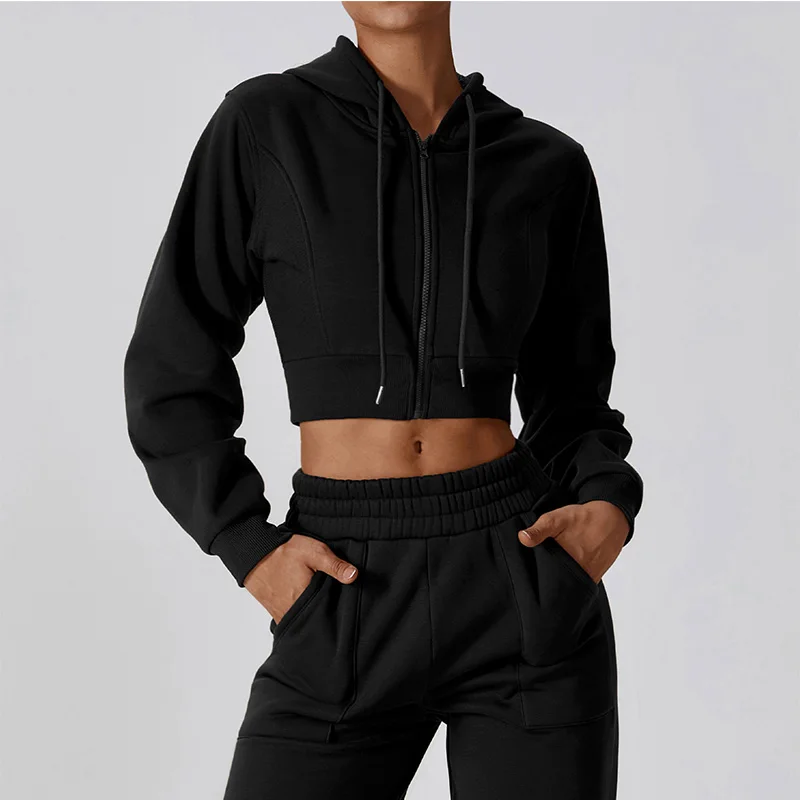 

Casual Loose Fitting Long Sleeved Sweater Jacket Women's Zipper Plush Insulation Hooded Fitness Sports Sweater
