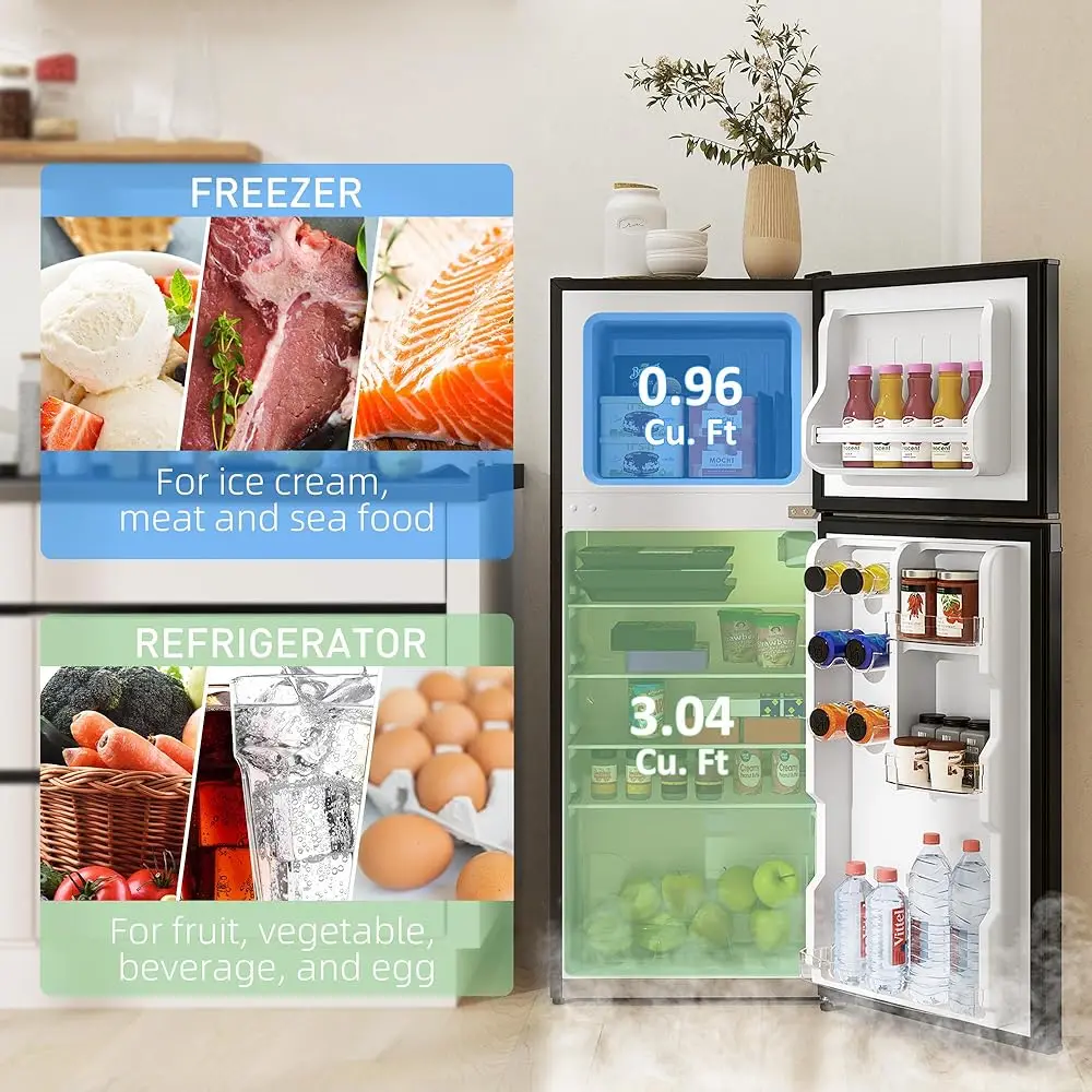 4 Cu.Ft Mini Fridge With Freezer, Double Door Compact Refrigerator With Adjustable Thermostat, Shelf And Reversible Door For 3 4 Cu.Ft Mini Fridge With Freezer, Double Door Compact Refrigerator With Adjustable Thermostat, Shelf And Reversible Door For 3