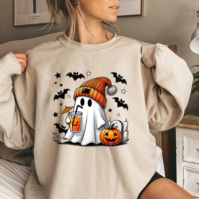 thumbnail image 2 of Nueva sudadera para mujer, jerséis de cuello redondo con estampado de fantasma de calabaza y murciélago de Halloween, sudadera informal de otoño e invierno para mujer, 2 of 5