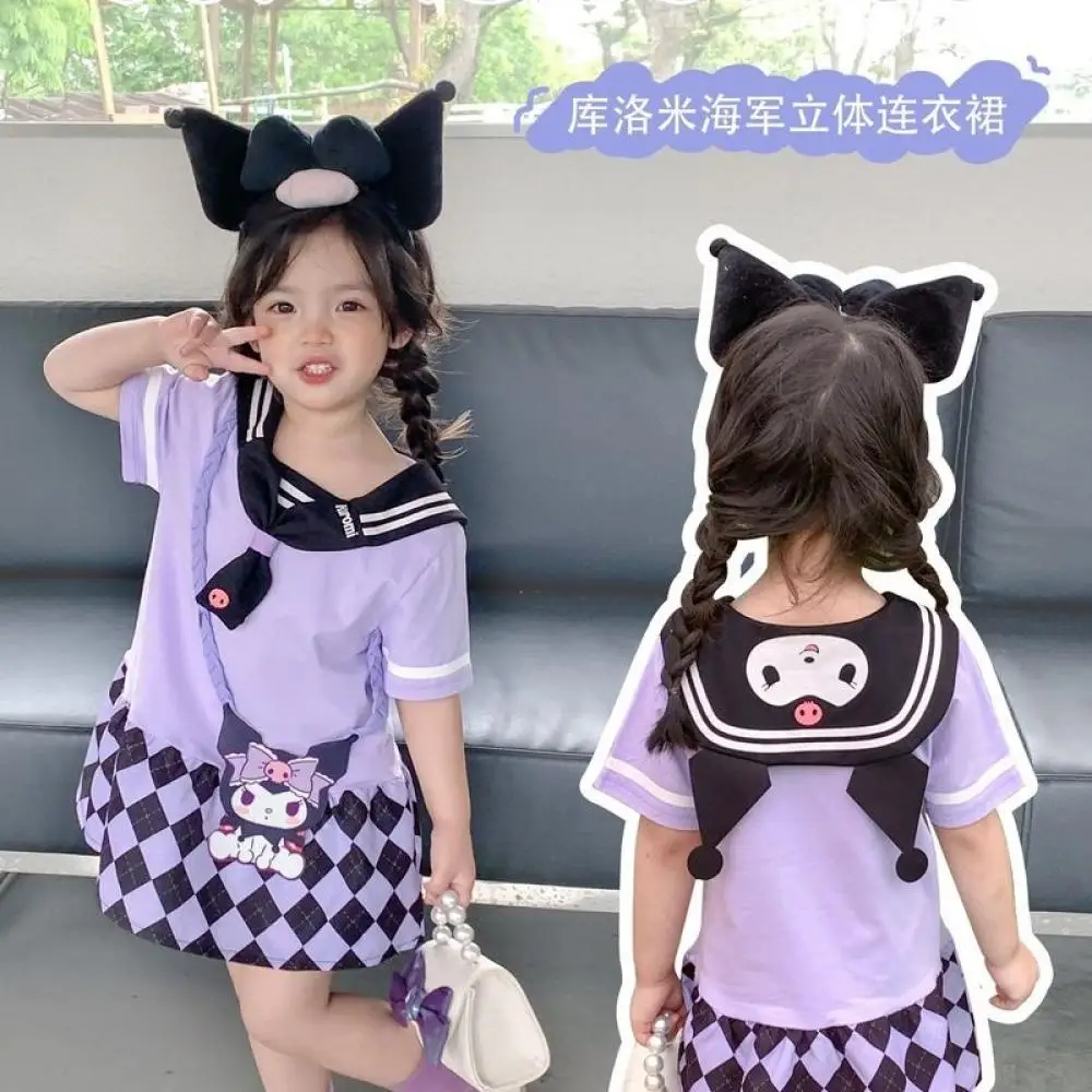 

Летнее платье для девочек с героями аниме Sanrio Kuromi, милая мультяшная короткая юбка с короткими рукавами в стиле колледжа, модная одежда, повседневная детская одежда