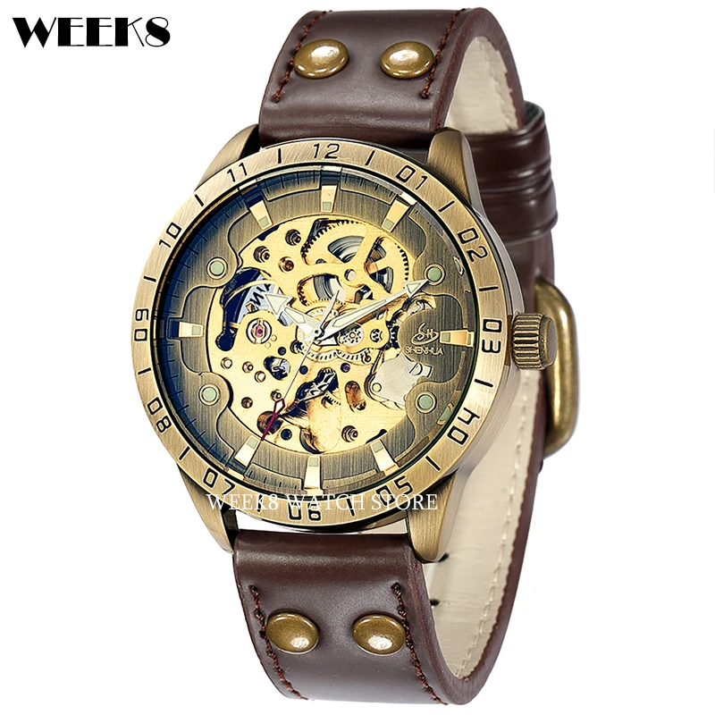 Vintage Men Automatic Mechanical Watch Bronze Case Gold Skeleton Dial Steampunk Leather Self Winding Male Mens Wristwatch Clock 