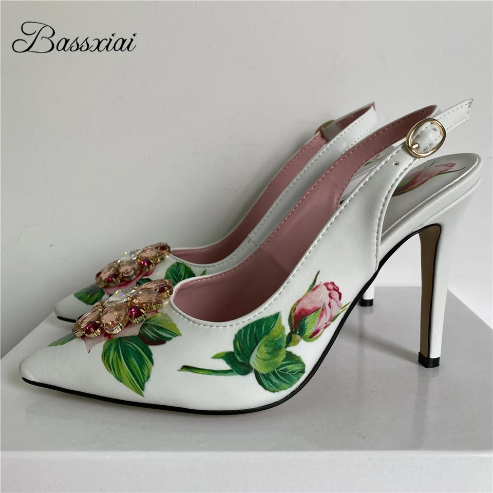 

Print Rose Flower Real Leather Dress Shoes Woman 10cm Thin High Heels Point Toe Crystal Rhinestone Buckle Spring Women Pumps