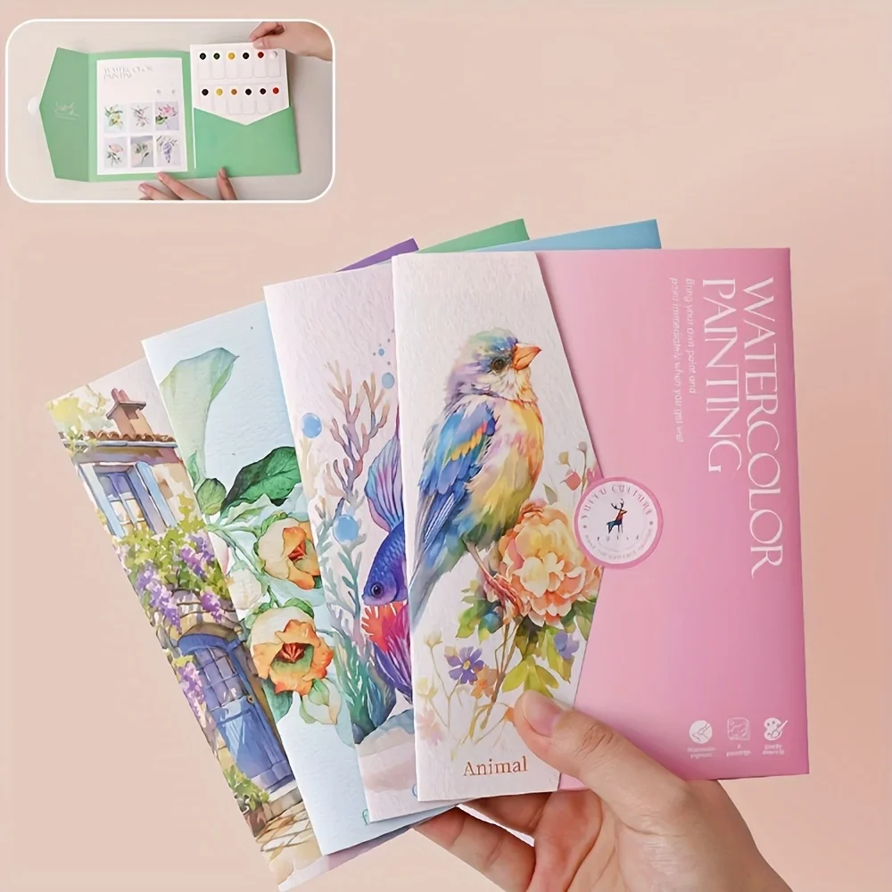 Un set di strumenti creativi per pittura ad acquerello: libro da colorare per adulti con motivi paesaggistici e floreali