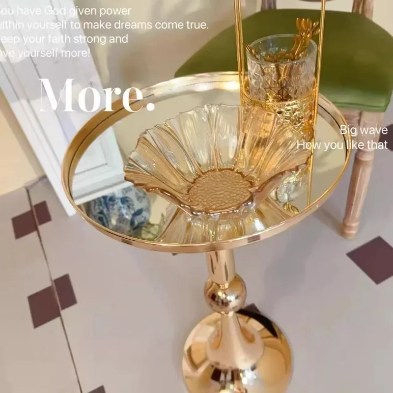 Metallic Sofa Side Table, Movable Glass Top Cabinet, Minimalist Italian Style Small Coffee Table, Gold Luxe Bedside Cabinet