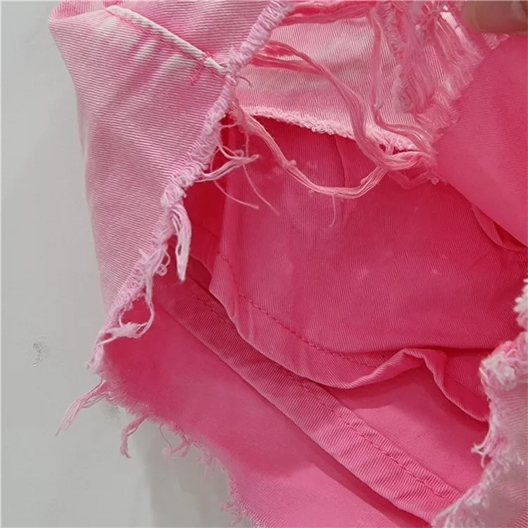 2024 Summer New Streetwear Burrs Tassel Hem Wide Leg Shorts Women's Hole Low Waist Distressed Jeans Shorts