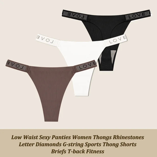 3Pcs/Set Low Waist Sexy Panties Women Thongs Rhinestones Letter Diamonds G-string Sports Thong Shorts Briefs T-back Size XS-XL 12