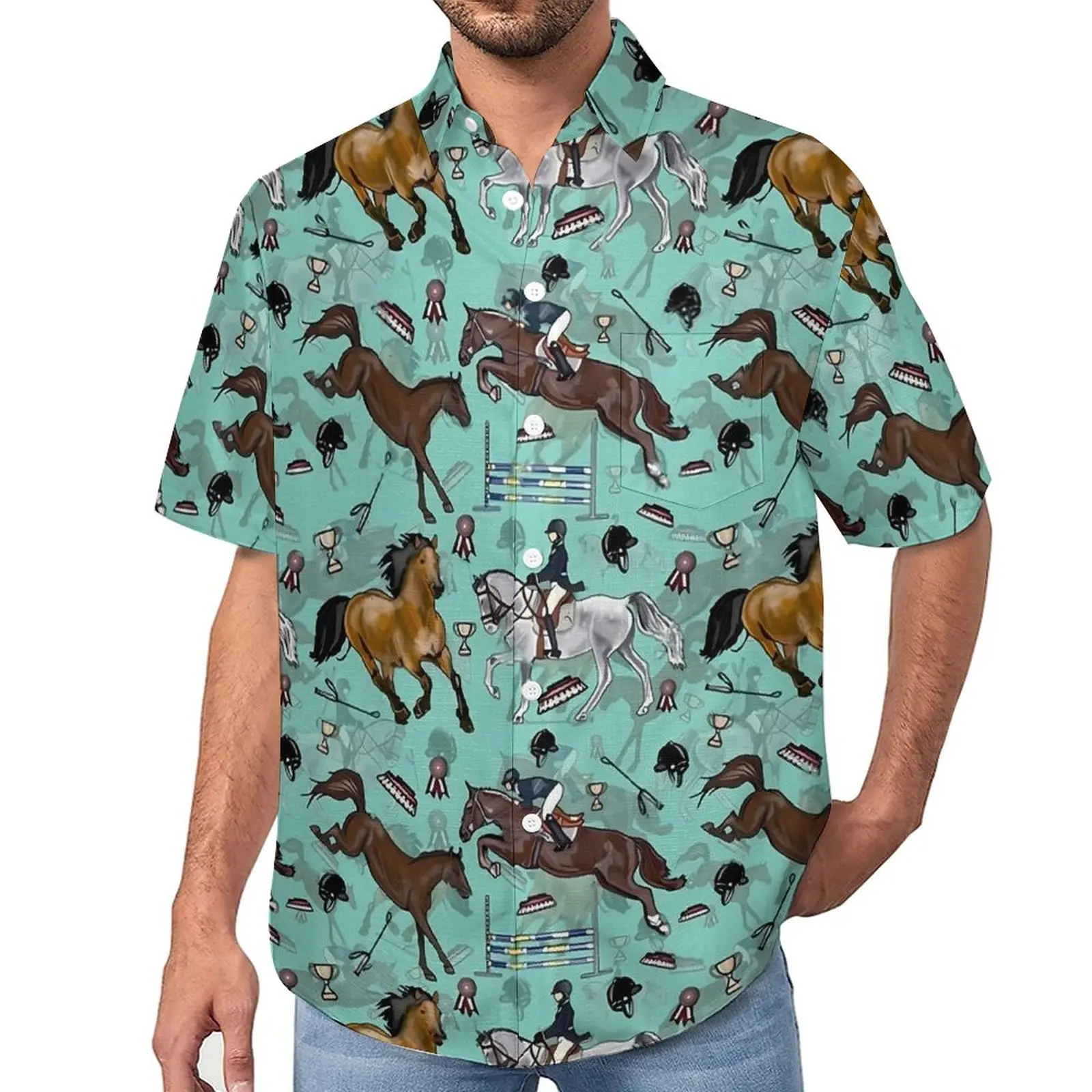 

Equestrian Horse Casual Shirts Retro Print Vacation Shirt Summer Y2K Blouses Men Print Big Size 3XL 4XL
