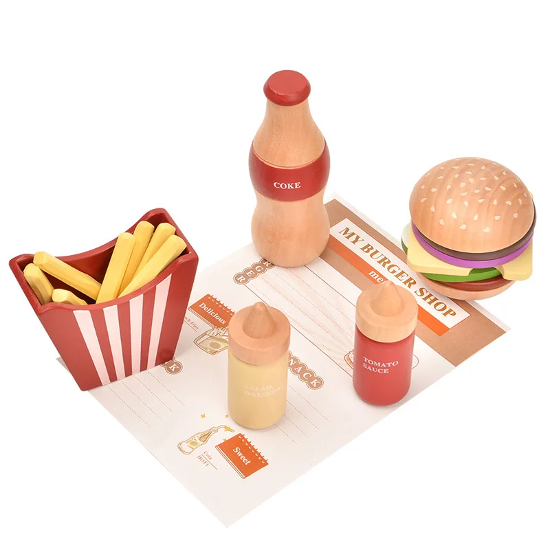 

Children Play Home Wooden Coke Burger Fries Western Food Kitchen Simulation Boys and Girls Role Play Toys