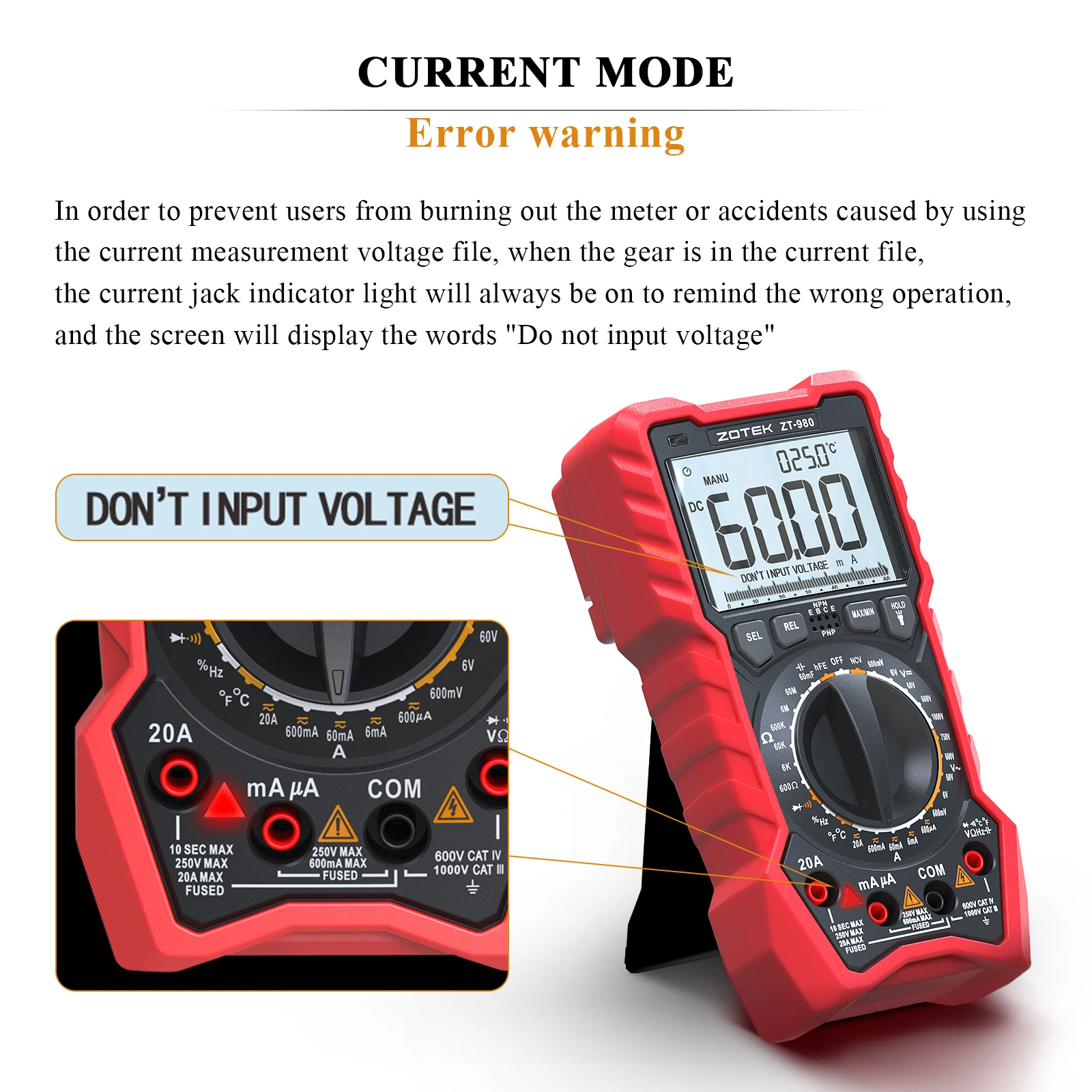 ZOTEK ZT-980 digital multimeter tester true RMS 6000 counts high precision display NCV measures voltage current resistance