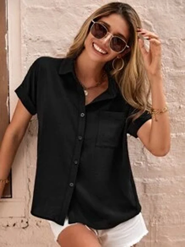 Sommer neues Tencel Ramie Kurzarmshirt Damen, locker lässig, Taschendesign ist stark, dünn und schick.