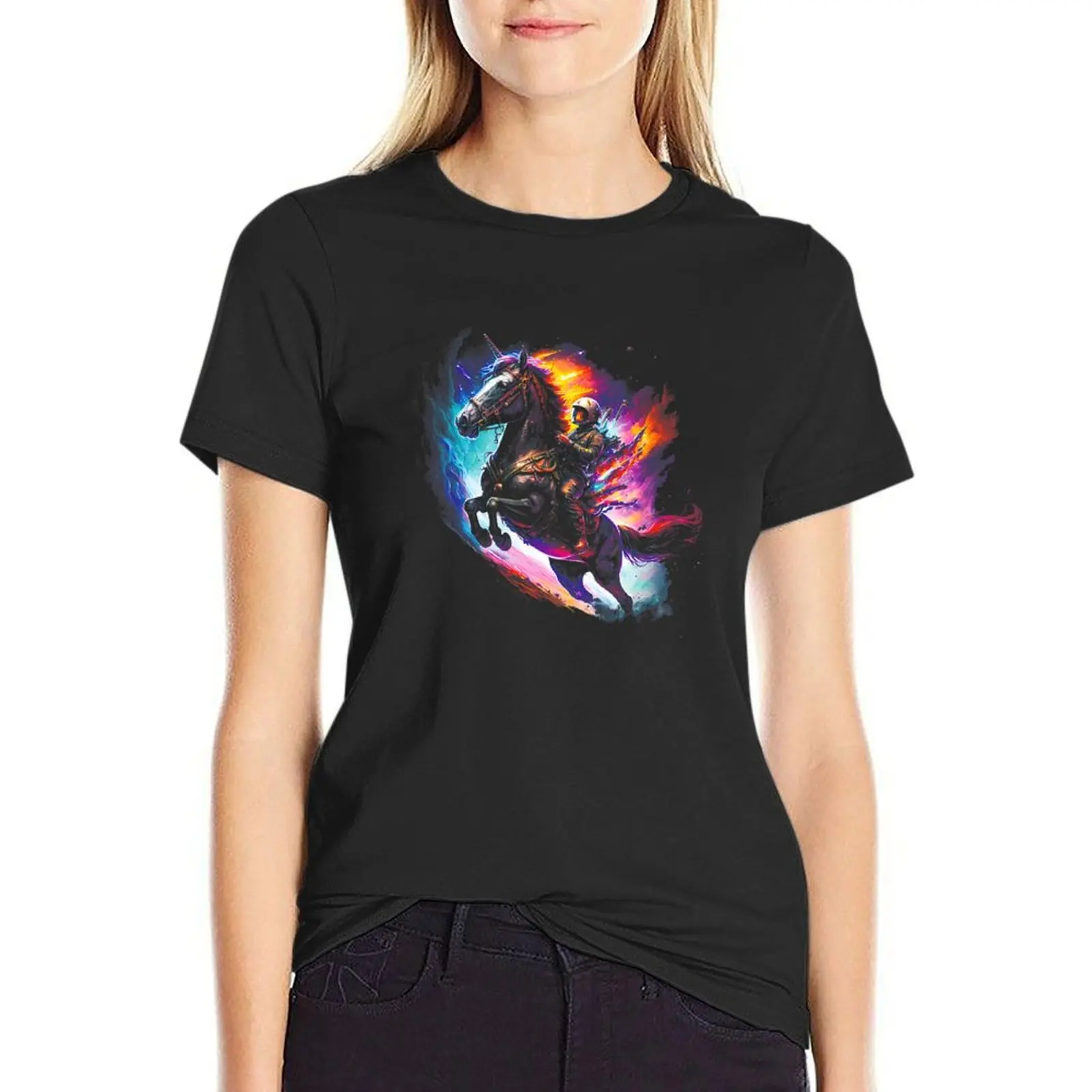 Space Unicorn T-Shirt Female clothing plain blacks Women's summer blouses 2024