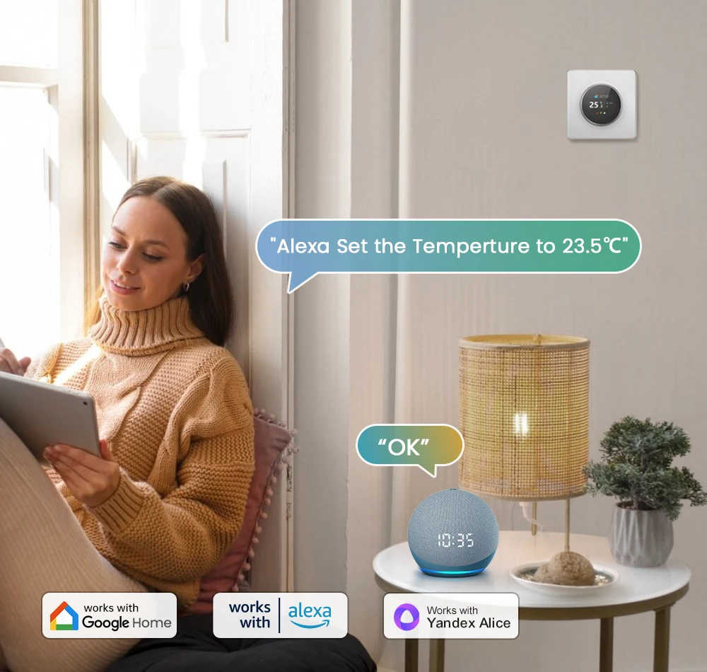 Smart Knob Thermostat, Multiple Scene Displays, Weekly Programming Mode, Work wi