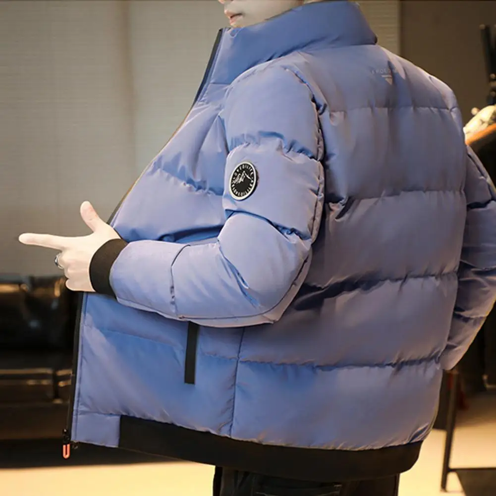 Men Thick Winter Coat Winter Men's Cotton Coat Thick Padded Windproof Warm with Stand Collar Neck Protection Zipper Closure
