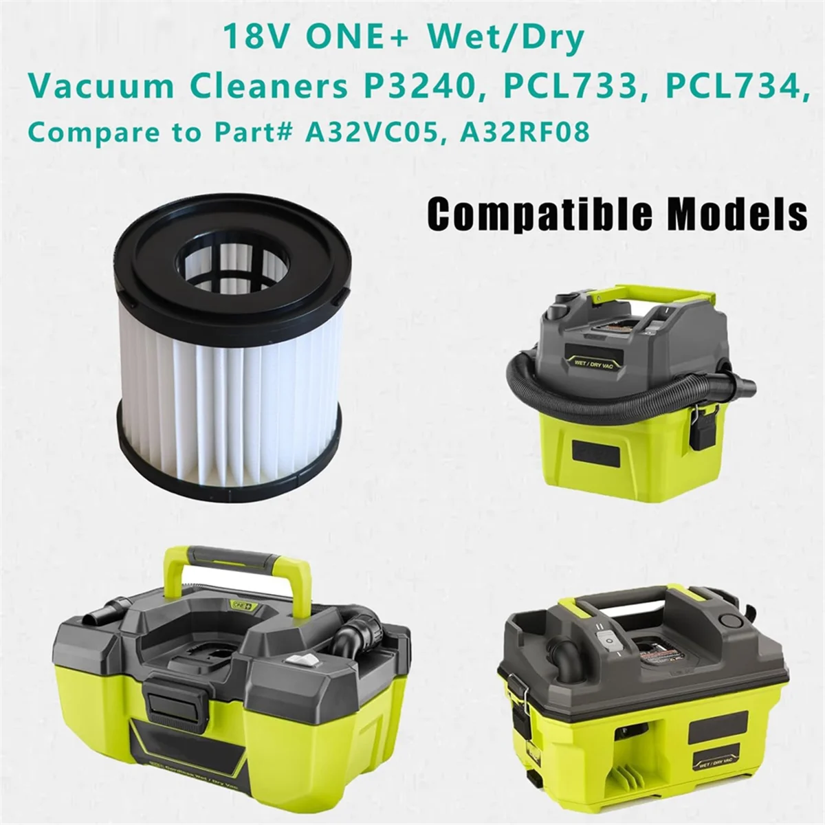 FZFZ 2 Pack Washable HEPA Filter Replacement for 18V ONE+ Wet/Dry Vacuum Cleaners PCL733, PCL734, P3240