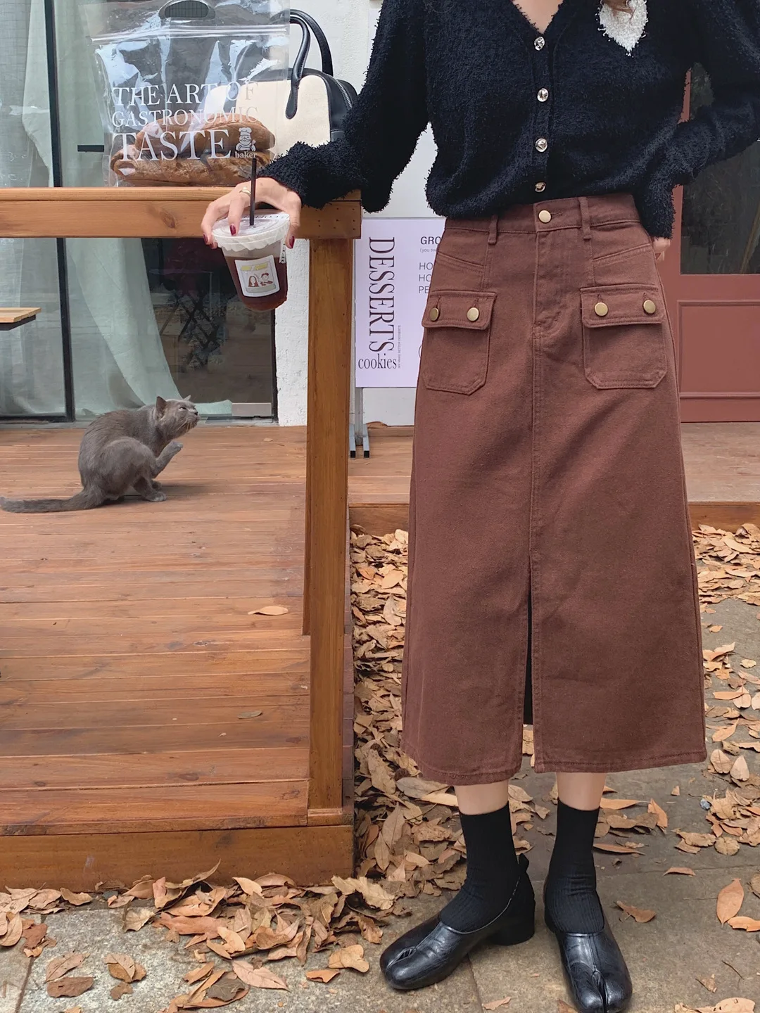 

Hong Kong style medium long versatile metal button denim skirt Retro slim straight slit denim skirt