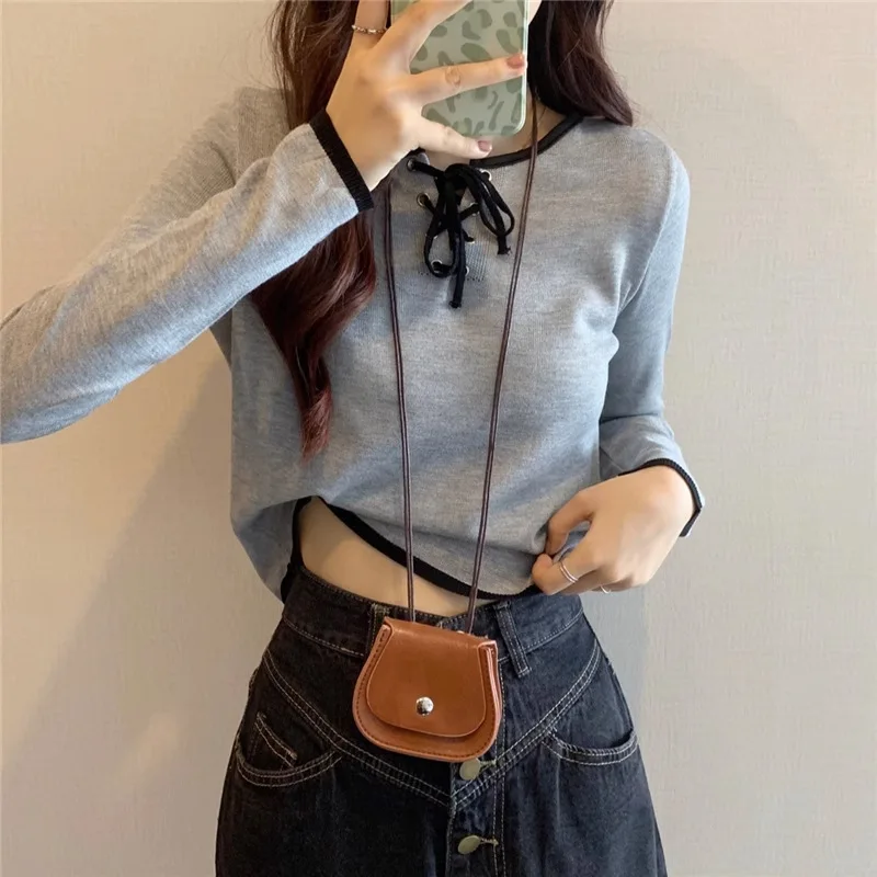 Women Autumn Lace Up Long Sleeve Cropped Sweater