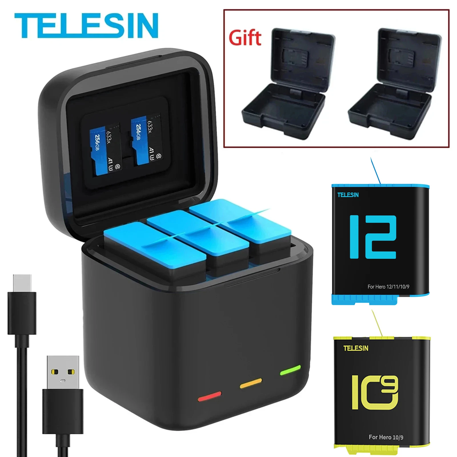 

TELESIN Battery For GoPro12 1750 mAh 3 Slots LED Light Charger TF Card Battery Storage Box For GoPro Hero 9 10 11 12 Accessory