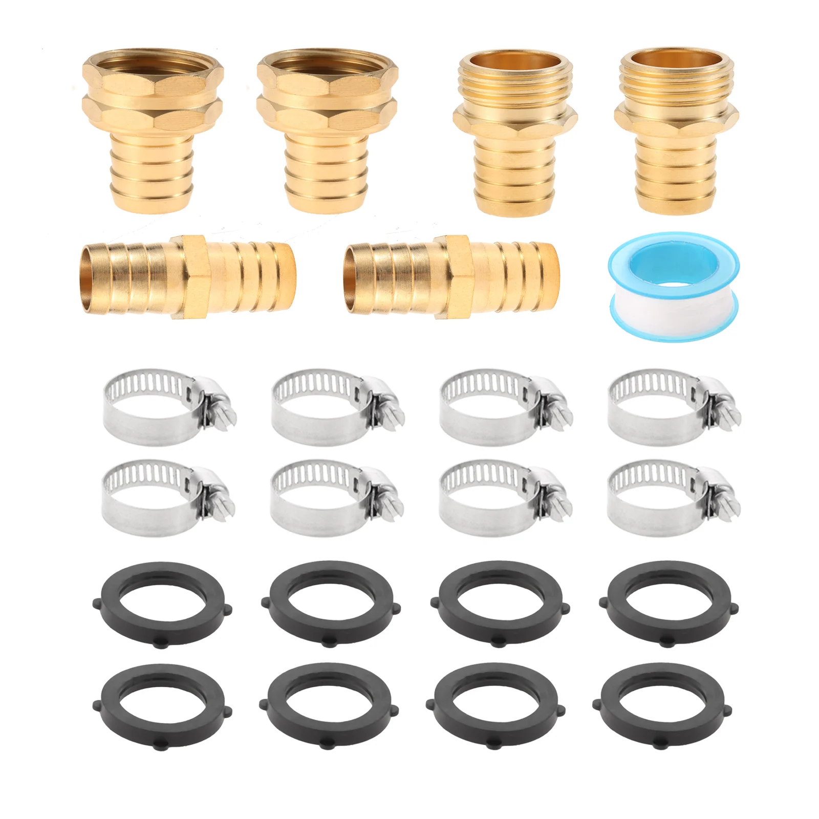 

4kits Solid Brass Garden Hose Connector Mender 3/4 5/8 1/2 Inch Water Hose Repair Female & Male Tape Steel Clamp Rubber Gasket
