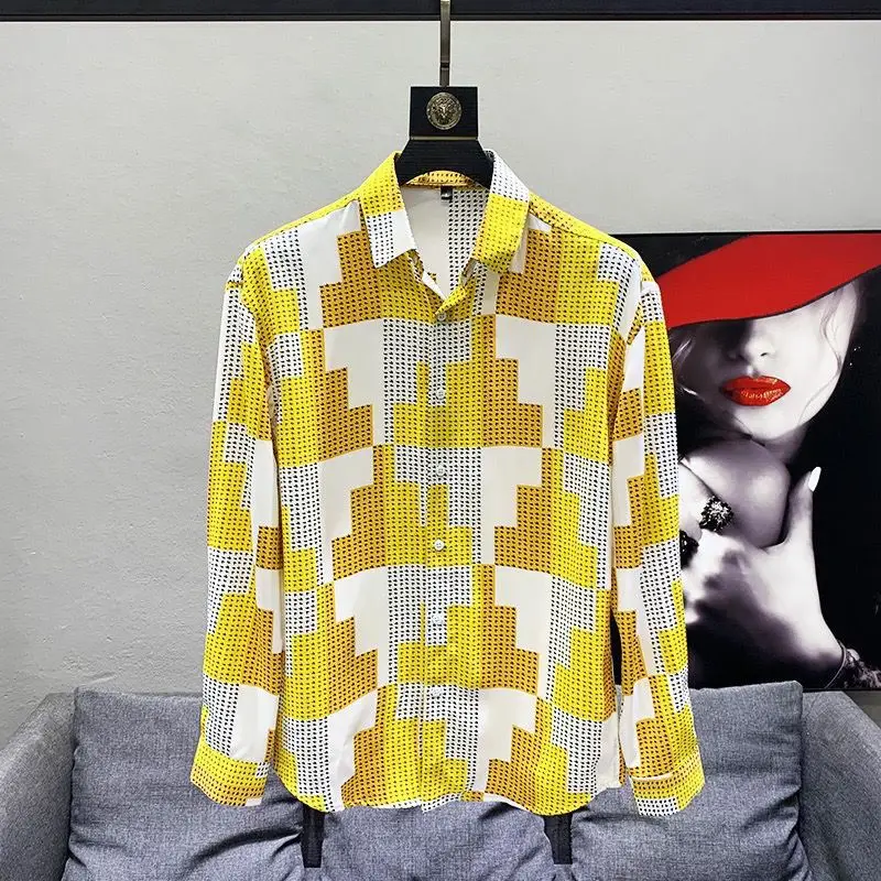 Spring And Summer Brand Design Print Long Sleeve Shirt Male Korean Version Fashion Loose Contrast Color Plaid Shirt Male A3407