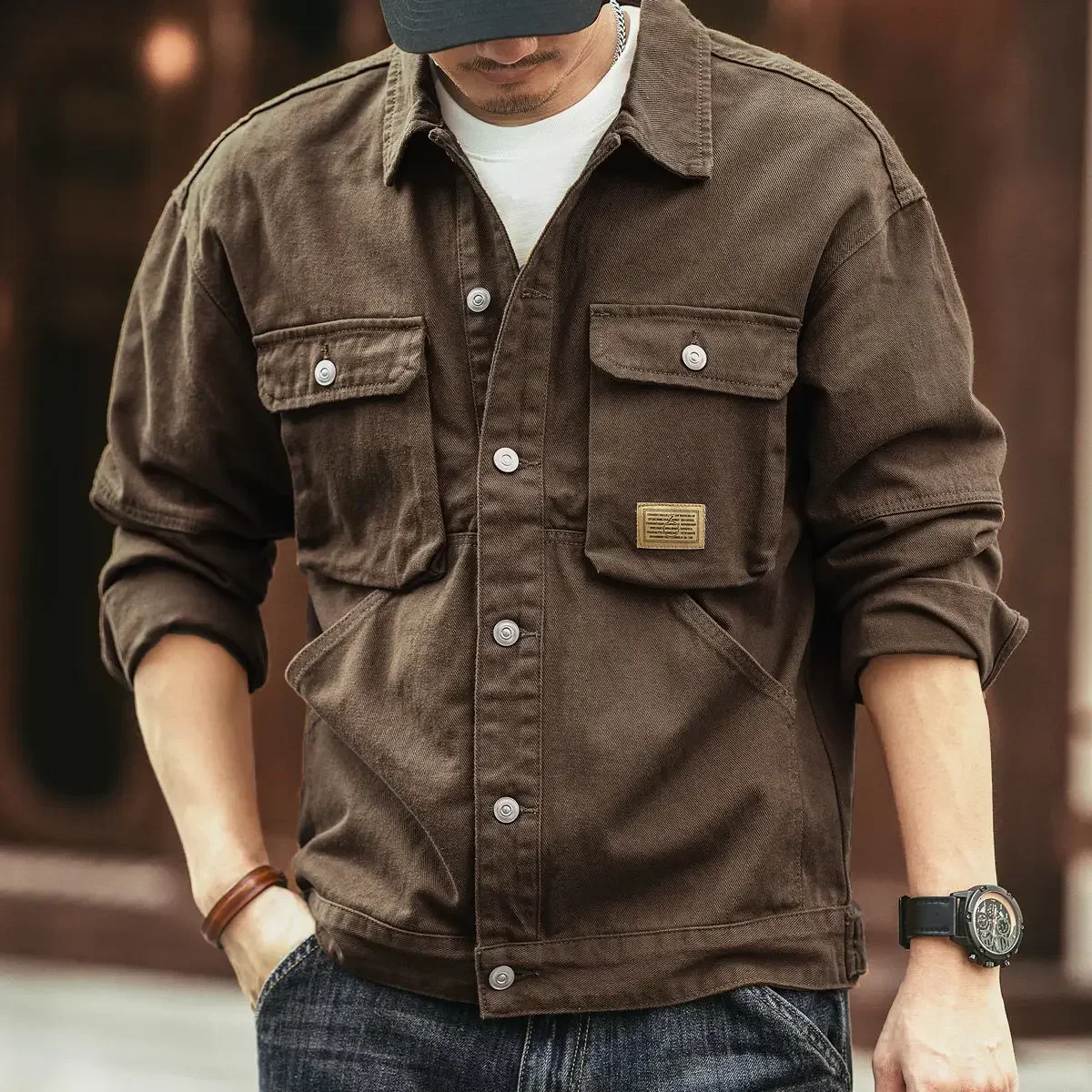 thumbnail image 1 of Chaqueta vaquera para hombre, otoño, vintage, cargo, a bordo, japonesa, retro, de alta calidad, abrigo vaquero para hombre, una pieza, estética coreana, lujo, 1 of 5